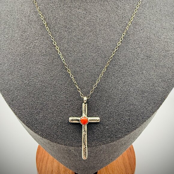 Dainty Sterling Cross Necklace w/ Coral — 18" chain + 1.25" pendant - Picture 2 of 4